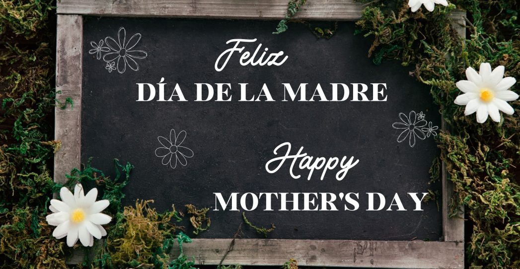 Black chalkboard with white daisies and white text that says, "Feliz Dia de la Madre" and "Happy Mother's Day"