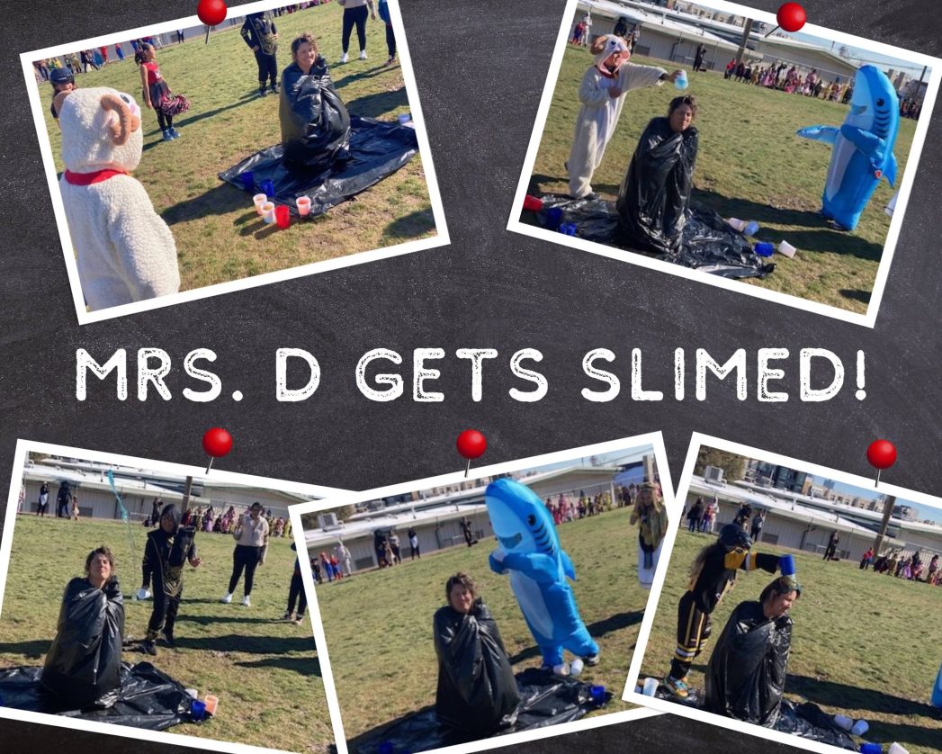 Photo collage on black background of students throwing "slime" on the PE teacher. White text says, "Mrs. D gets slimed!"