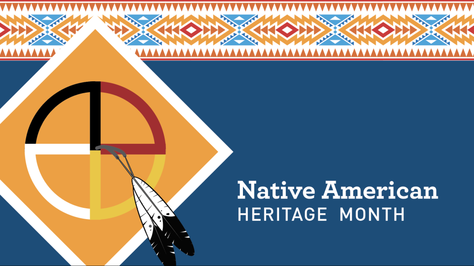 Text says Native American Heritage Month on a blue background with a beadwork border and feathers