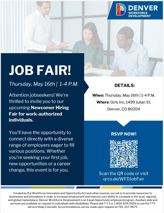 Job Fair flyer with white text on blue background. When: Thursday, May 16th, 1-4pm.  Where: Girls, Inc, 1499 Julian St, Denver, CO 80204.