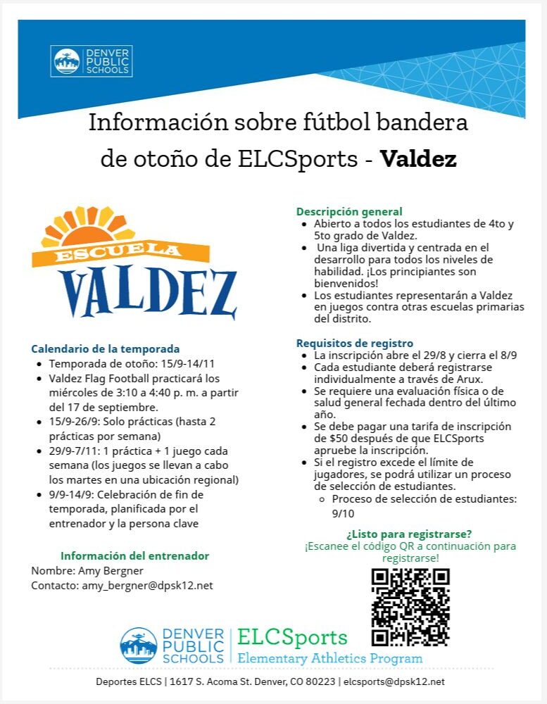 White flyer with blue text, "Informacion de futbol bandera de otono de ELCSports - Valdez"
