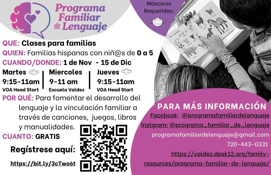 Flyer for Programa Familiar de Lenguaje. Black text on white background with purple and gray circles. 