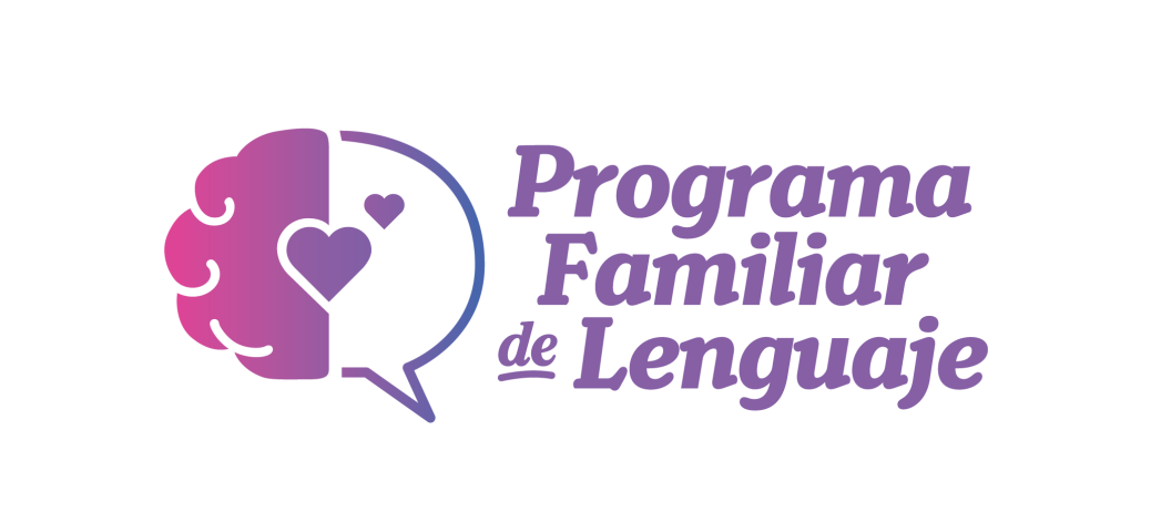 Light gray background with image of a purple outlined thought bubble with a brain in half and a heart overlapping, all in purple. Purple text says, "Programa Familiar de Lenguaje"
