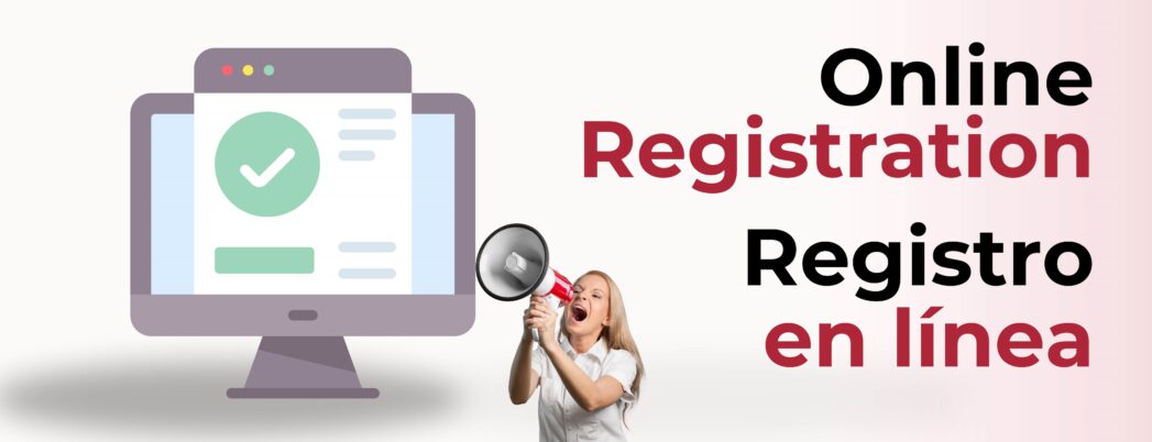 Pink background with image of a computer screen and woman yelling through a megaphone. Red and black text says, "Online Registration."