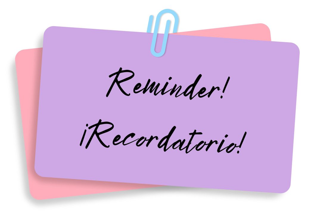 Purple index card on white background. Black text says, "Reminder! Recordatorio!"