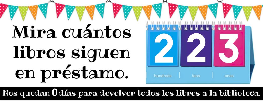 White background with multi-colored flag banner at top. Black text says, "Mira cuántos libros aún están prestados" next to a 3-column calendar with the number "223." Black text below says, "Nos quedan 0 días para devolver todos nuestros libros a la biblioteca."