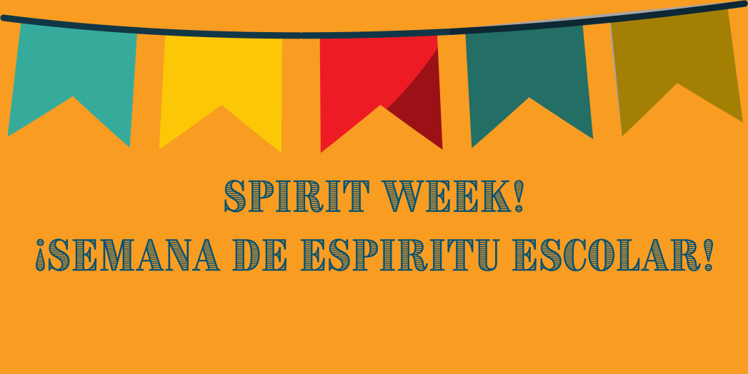 Multicolored flag banner on orange background with text "Spirit Week!"