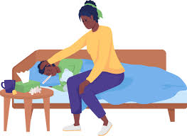 Clipart image of a mother in a yellow shirt and jeans feeling the forehead of a child in bed.