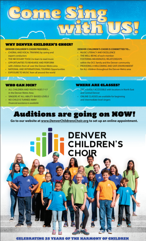 Flyer with blue and white background: "Come sing with us! Auditions are going on now! Go to our website at www.DenverChildrensChoir.org to set up an online appointment. Denver Children's Choir."