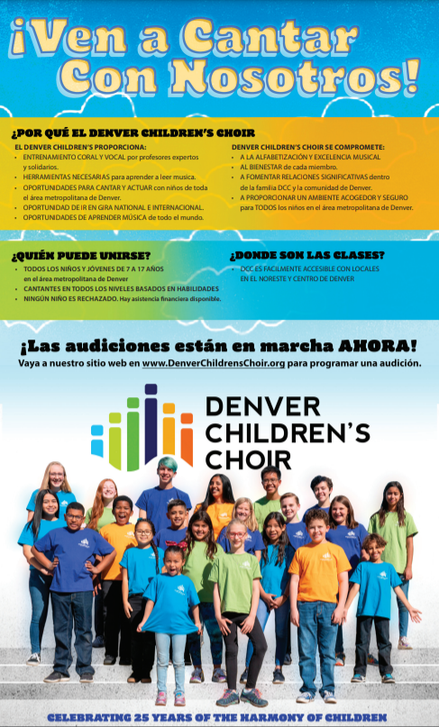 Volante con fondo azul y blanco: "¡Ven a cantar con nosotros! ¡Las audiciones se están realizando ahora! Ve a nuestro sitio web en www.DenverChildrensChoir.org para programar una cita en línea. Coro de Niños de Denver".