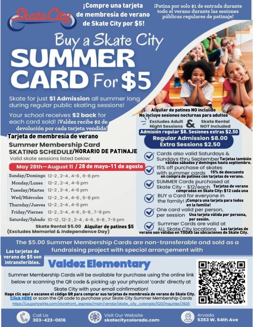 Blue background with Skate City logo and text in white saying, "Buy a Skate City Summer Card for $5." 