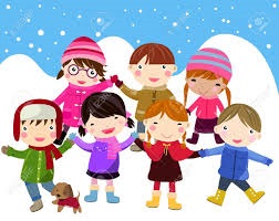 Blue sky and white snow background with seven children in winter clothing.