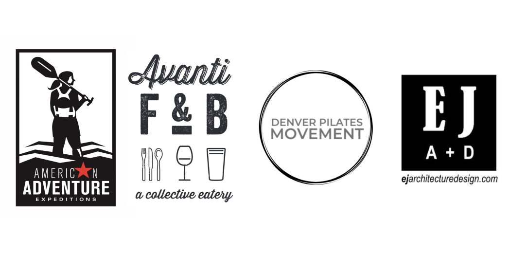 Black and white logos for 4 businesses: American Adventure Expeditions, Avanti F & B, a collective eatery, Denver Pilates Movement, and EJ Architecture & Design