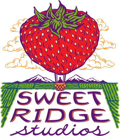 Animated graphic of a red strawberry shaped like a hot-air balloon with a small brown basket hanging below. The strawberry hot air balloon is hovering over a green field with a big sign with a white background and purple text saying, "Sweet Ridge Studios."