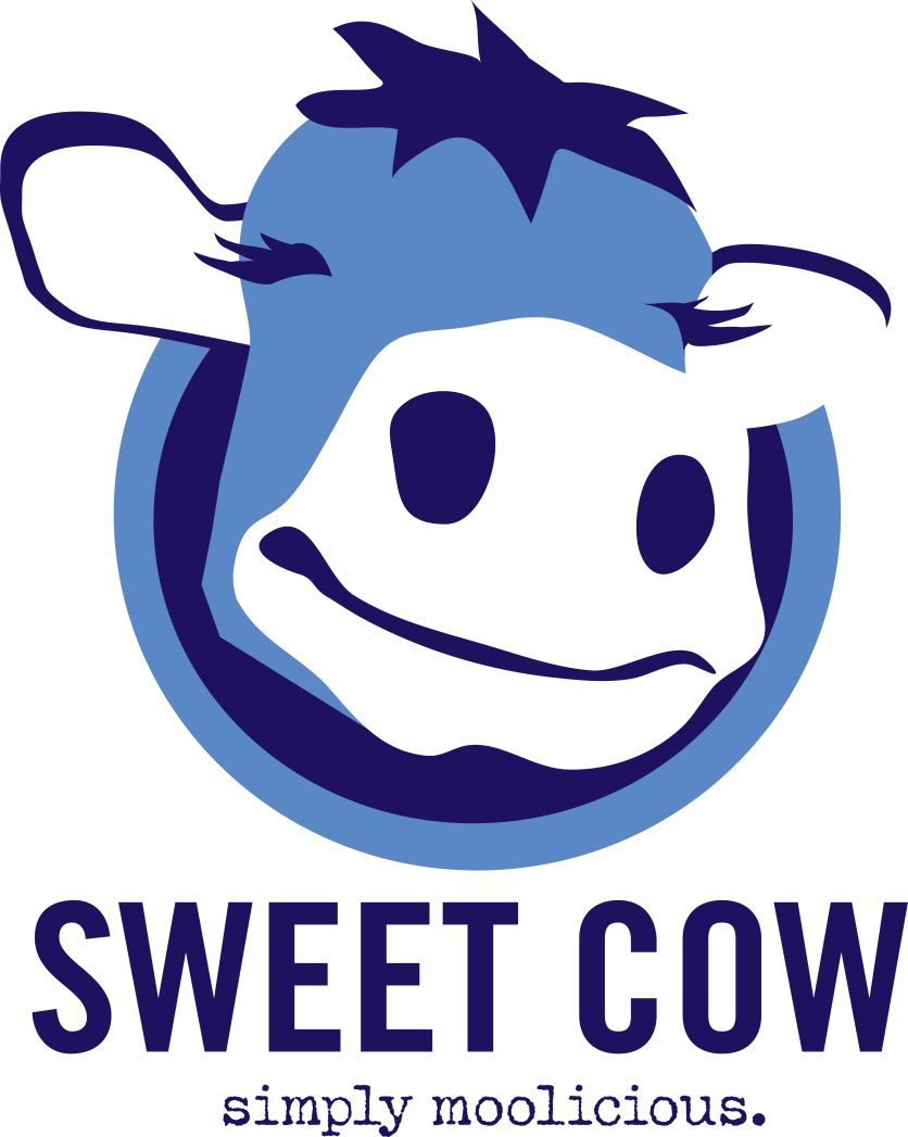 Logo for Sweet Cow Ice Cream: graphic of a cow smiling and the words "Sweet Cow. Simply Moolicious" below. Text & graphic are in shades of blue.