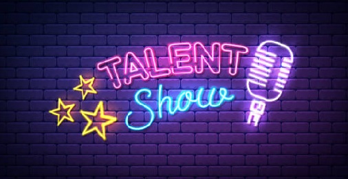 Brick wall background with fluorescent lights saying "Talent Show" in pink and blue next to fluorescent yellow stars and pink microphone.