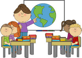 Clipart cartoon image of teacher pointing to a globe and students at their desks.