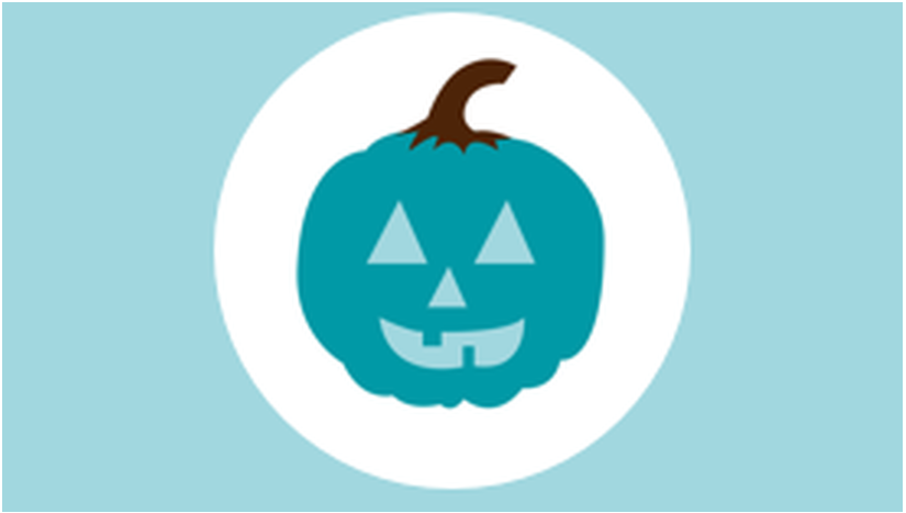 Teal background with graphic of a teal-colored jack-o-lantern
