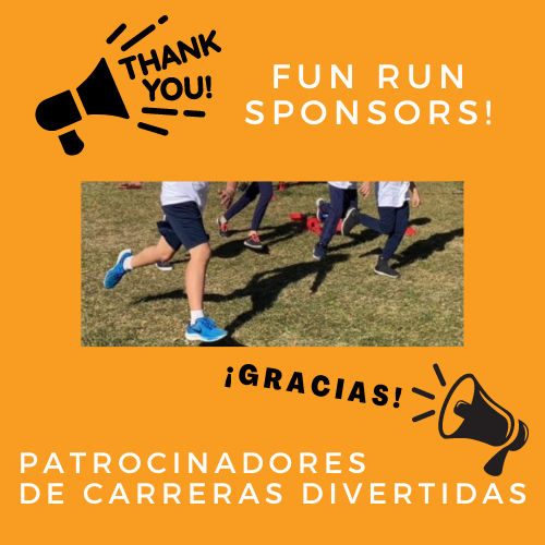 Orange background with two black megaphones and white text that says, "Thank you Fun Run Sponsors!" and "¡Gracias Patocinadores de Carreras Divertidas!"