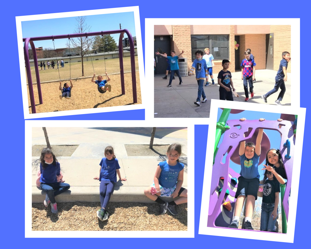 Four photos of students on the playground on a blue background