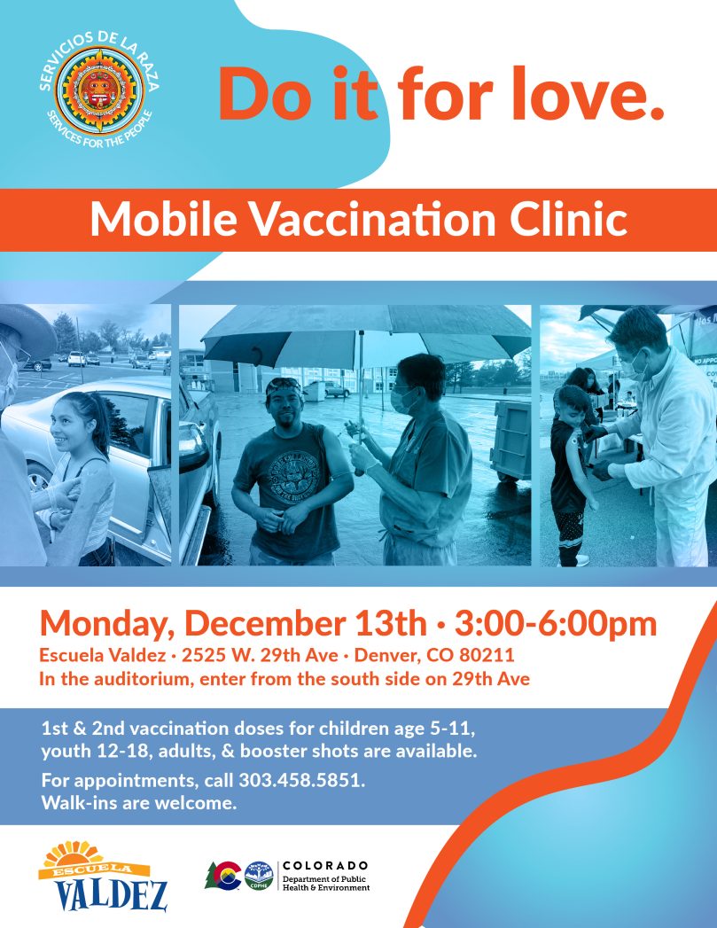 Flyer for Mobile Vaccine Clinic at Valdez Elementary, Monday, December 13th, 3-6 pm