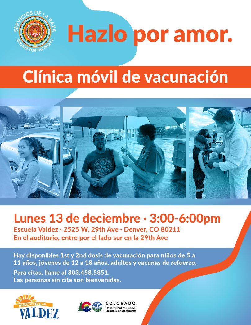 Flyer in Spanish for Mobile Vaccine Clinic at Valdez Elementary, Monday, December 13th, 3-6 pm