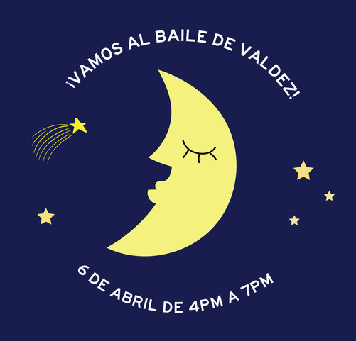Dark blue sky background with smiling yellow moon and stars in the center. White text circling the moon says, "Vamos al Baile de Valdez. 6 de abril de 16 a 19 horas".