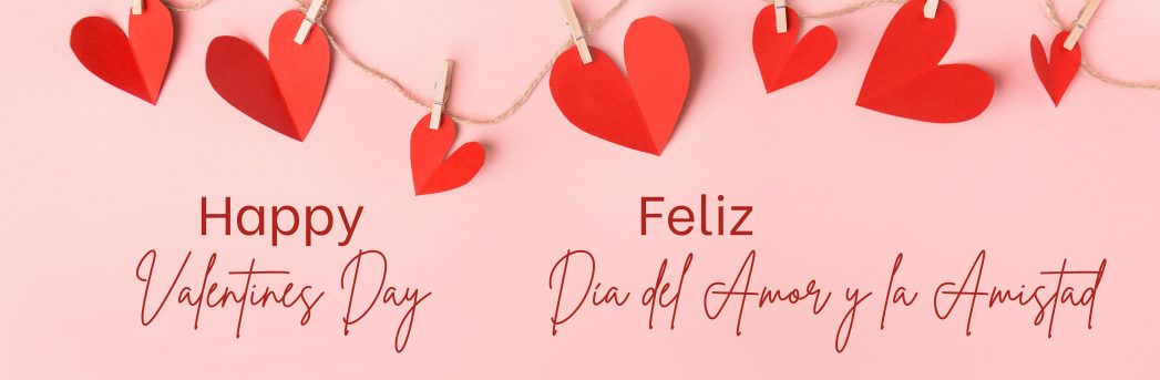 Pink background with a picture of string with red hearts clipped to it at the top. Below, red text says, "Happy Valentines Day" and "Feliz Día del Amor y Amistad."