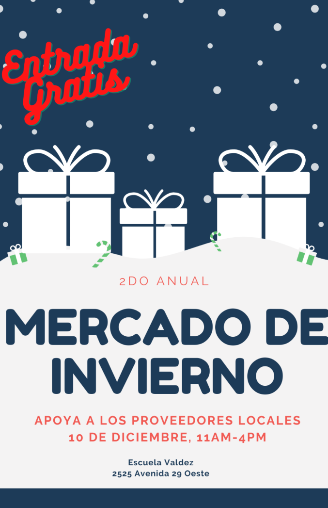 Volante con silueta blanca de regalos envueltos contra un fondo azul con nieve cayendo. El texto rojo dice "Entrada gratis" y el texto blanco dice "Segundo mercado anual de invierno de Valdez. Apoye a los vendedores locales. 10 de diciembre, 11 am a 4 pm. Escuela primaria Valdez, 2525 W. 29th Avenue".