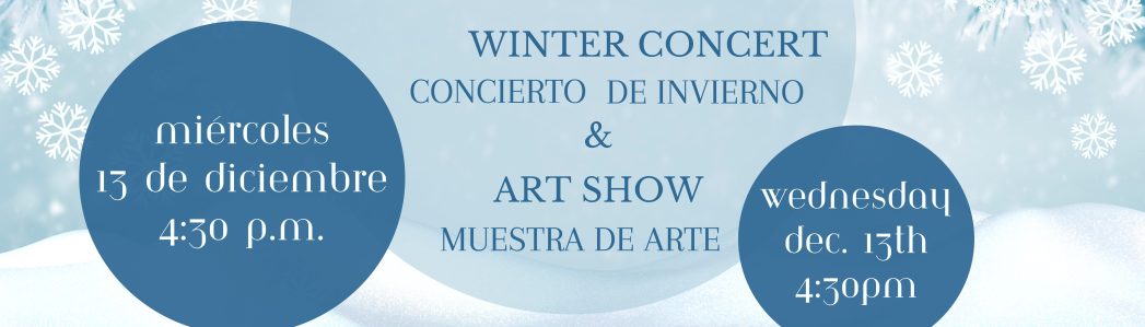 Light blue background with dark blue tinted fir tree branches at top corners and white snowflakes throughout. Light blue ball in the center with dark blue text says, "Valdez Winter Concert & Art Show." On left, smaller dark blue ball with white text says, "Wednesday, Dec 13, 4:30pm."