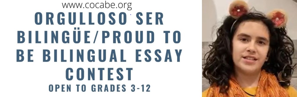 Blue text on white background says, "www.cocabe.org" and "Orgulloso ser bilingue / Proud to Be Bilingual Essay Contest, Open to grades 3-12." Photo of Valdez student on right.