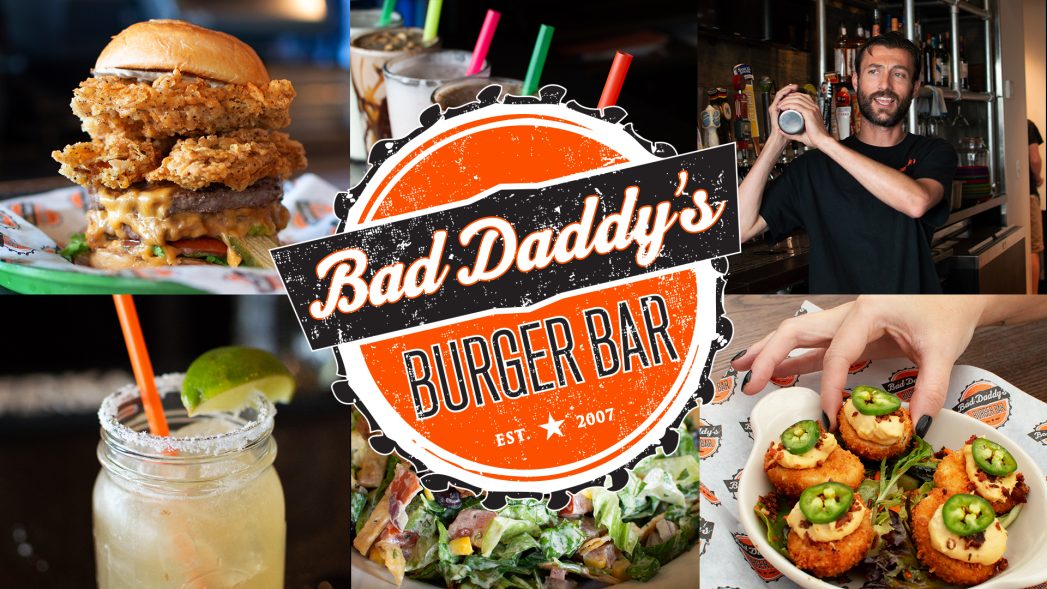 Logo for Bad Daddy's Burger Bar in white text over an orange image of a bottle cap that also says, "Est. 2007." Logo is superimposed over a background of images from the restaurant: a hamburger, a bartender shaking a cocktail shaker, a margarita, and appetizers.