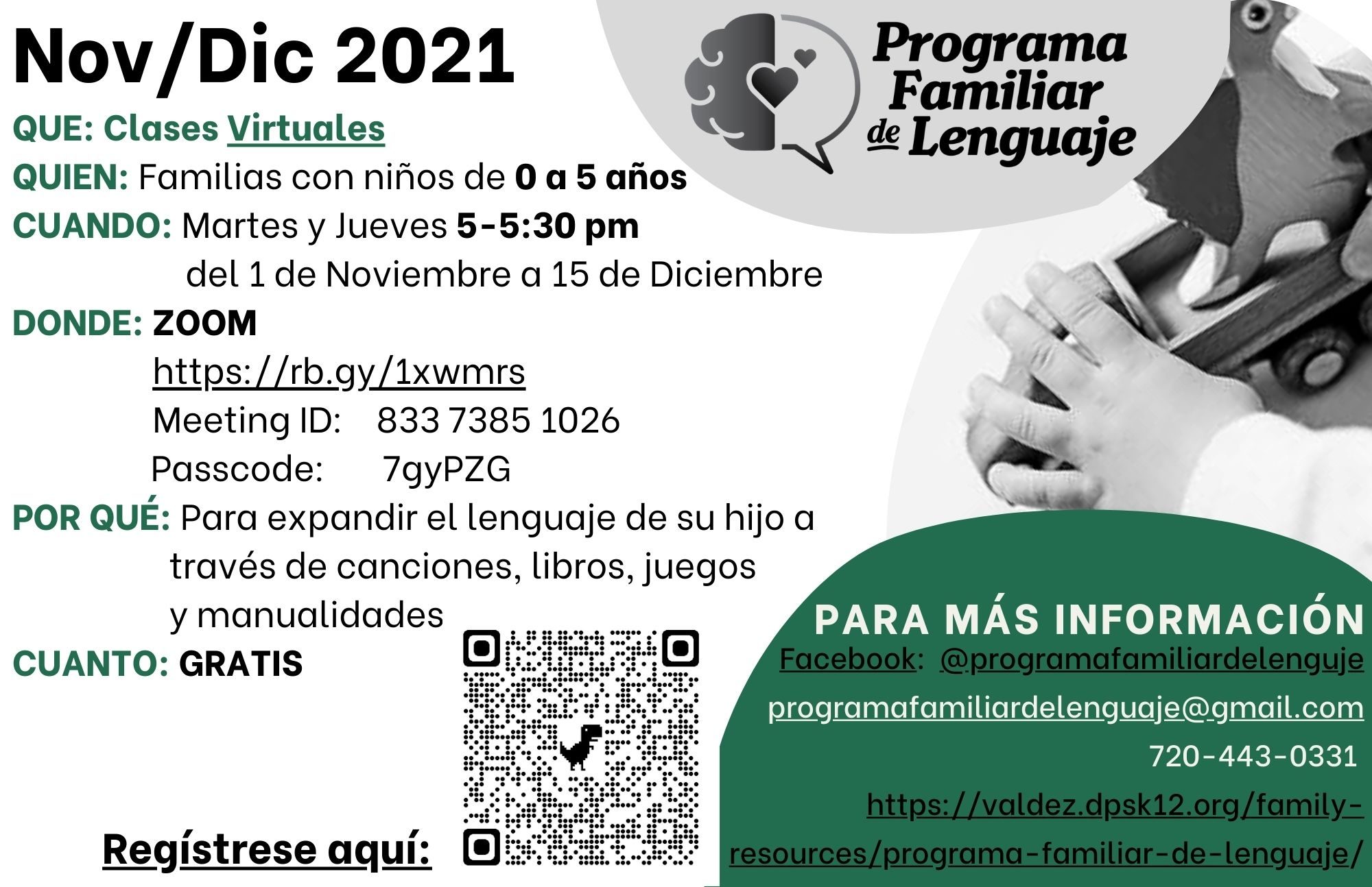 Flyer for the Family Language Program with information for the November/December virtual classes