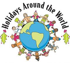 Text says Holidays Around the World with image of children holding hands, circling the globe
