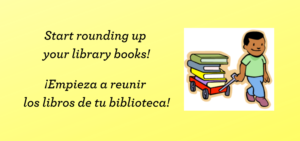 Image of boy pulling a wagon full of books. Black text on yellow background says, "Start rounding up your library books!"