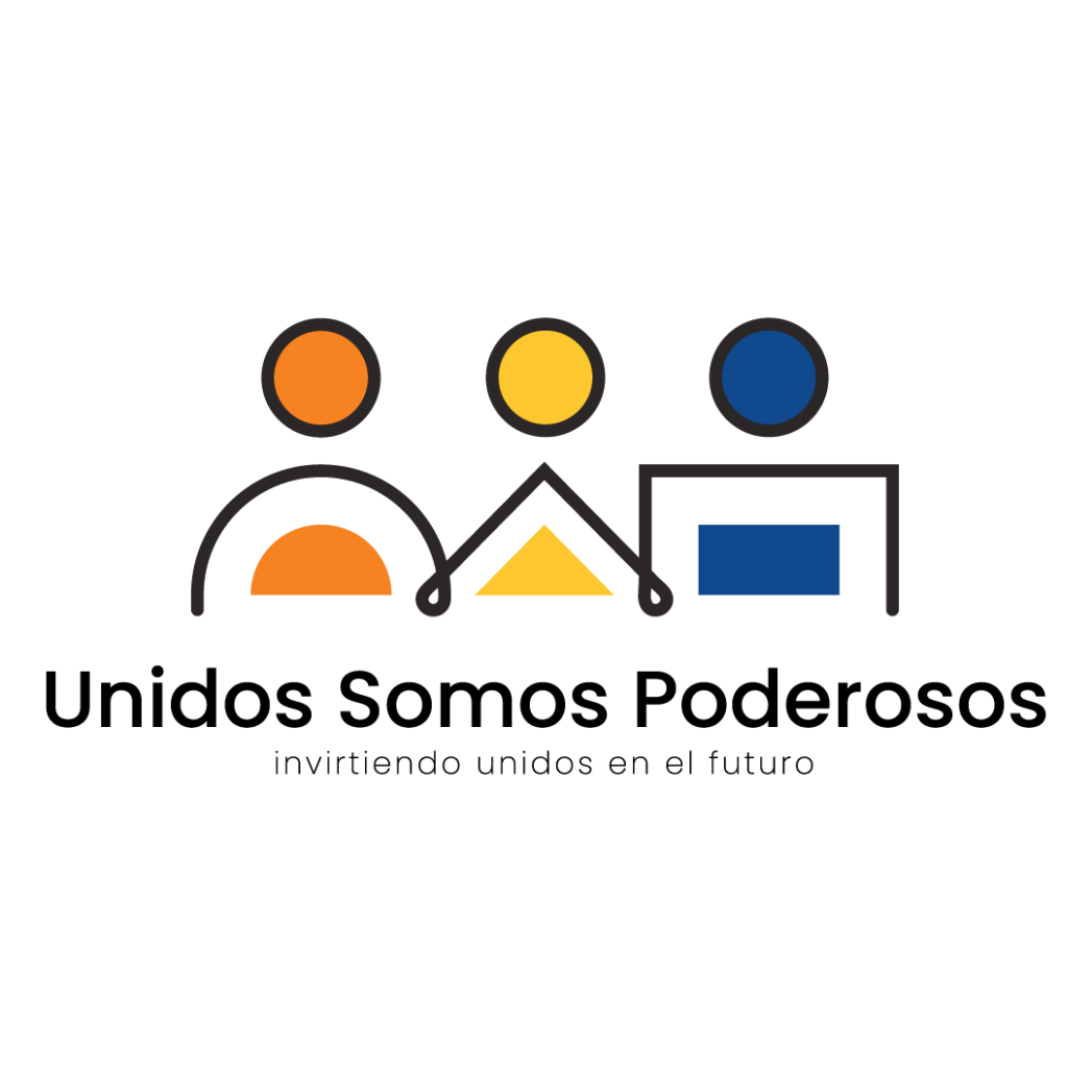 Logotipo para Valdez PTO con imágenes de figuras de palitos de 3 personas y texto: "Unidos Somos Poderosos" y "invirtiendo unidos en el futuro"