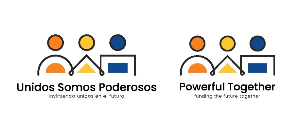 Logo for Valdez PTO with stick figure images of 3 people and text: "Powerful Together" and "funding the future together" Logotipo para Valdez PTO con imágenes de figuras de palitos de 3 personas y texto: "Unidos Somos Poderosos" y "invirtiendo unidos en el futuro"