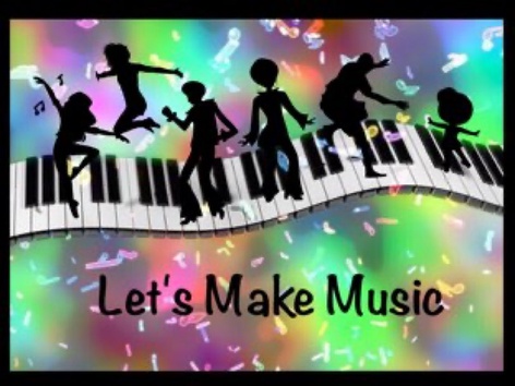 Image of kids jumping on a piano keyboard with words "Let's Make Music"