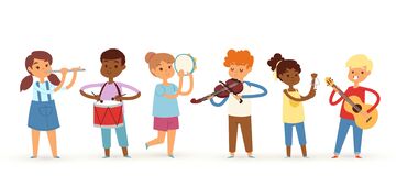 Six kids playing different instruments - flute, drum, tambourine, violin, triangle, and guitar