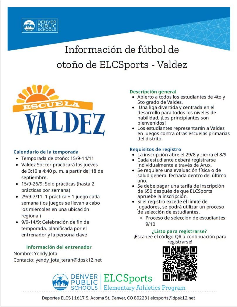 White flyer with blue text, "Informacion de futbol de otono de ELCSports - Valdez"