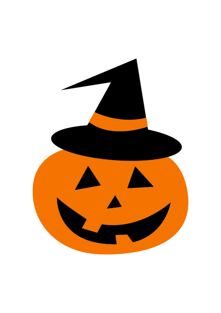 Graphic of an orange jack-o-lantern wearing a black witch hat.