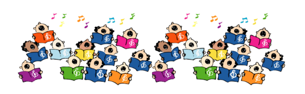 Cartoon image of twelve children singing while holding music books open.