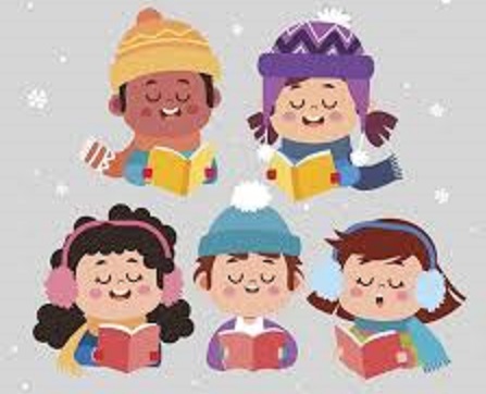 Image of 5 children in stocking caps singing