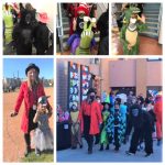 Picture collage of students and teacher dressed up for Halloween: gorilla, snail, alligator, ring master with elephant
