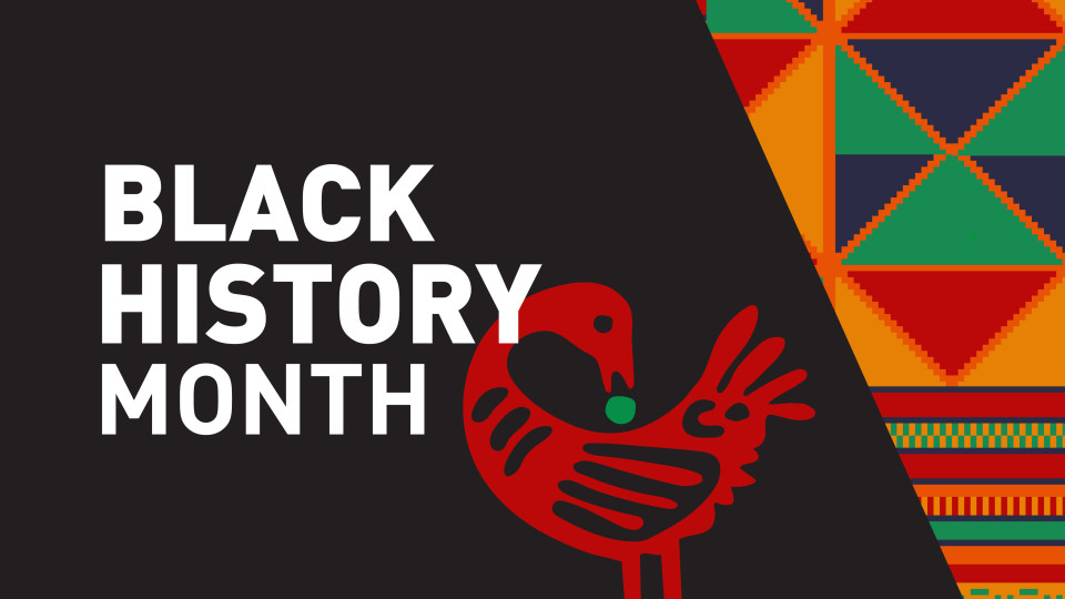 Image of red bird on black background with text in white: Black History Month
