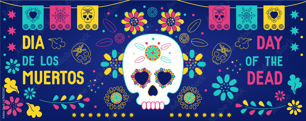 Blue background with pink, blue, and yellow flag and white skull with flowers. Text says, "Día de los Muertos" and "Day of the Dead"