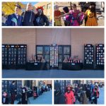 Picture collage of teachers and students dressed up for Halloween: Mary Poppins, Day of the Dead woman, butterfly, Dia de los Muertos display, witch, Carmen San Diego