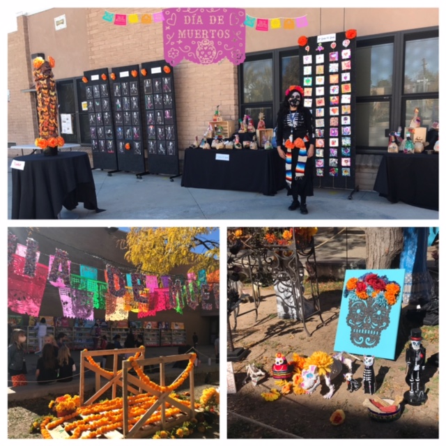 Dia de los Muertos picture collage featuring display of student artwork