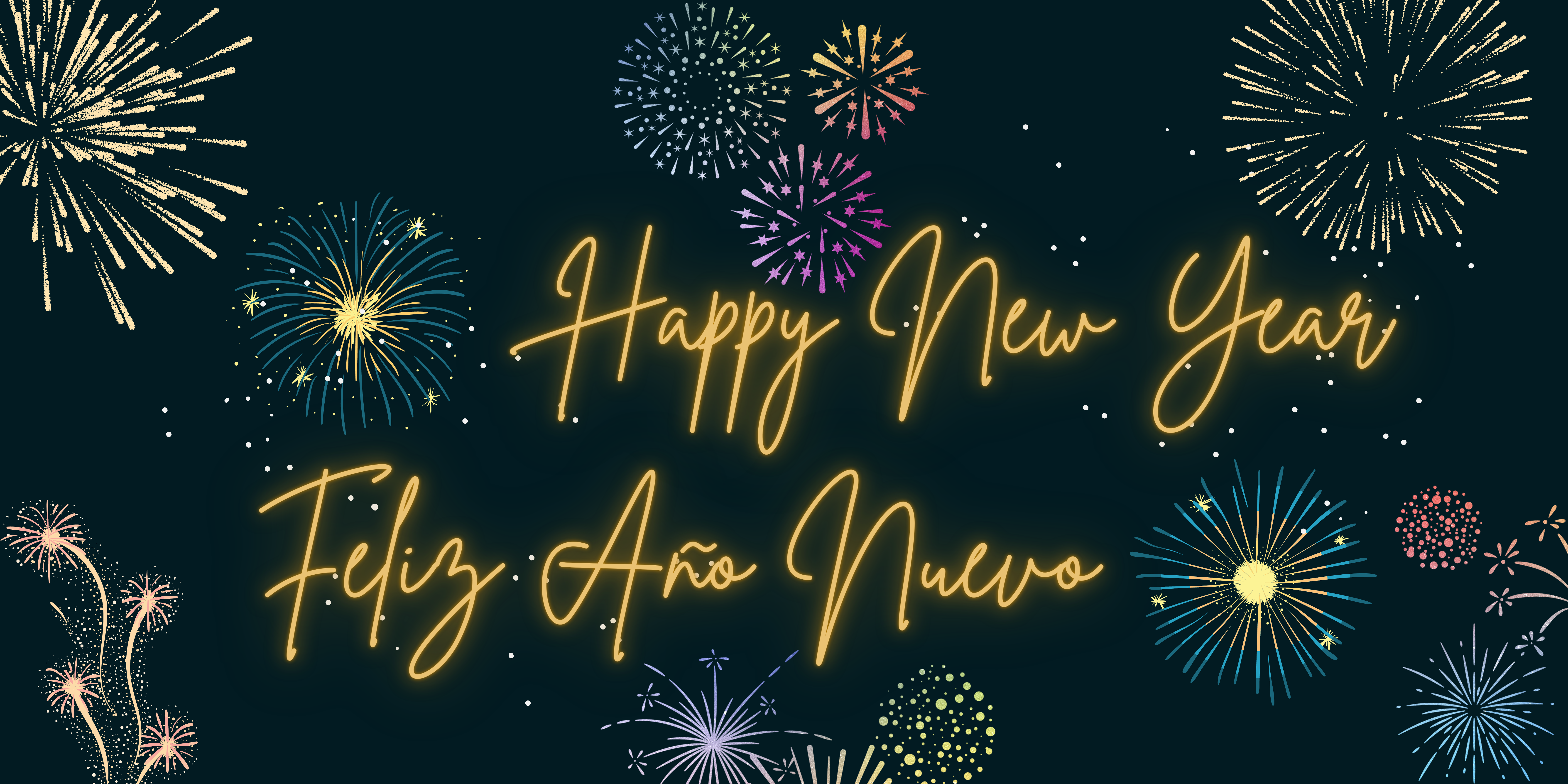 Black night sky background with fireworks exploding around the words "Happy New Year" and "Feliz Año Nuevo"