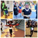 Picture collage of students dressed up for Halloween: Alien abducting kid, Medusa, a mariachi, and a Minecraft panda bear